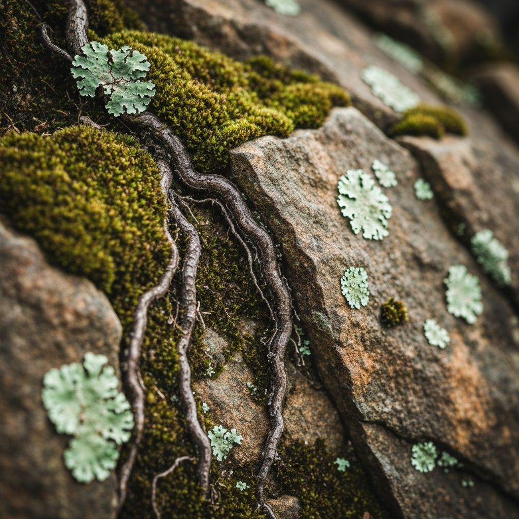 Alpine plant roots, moss, and lichen on rocky highland terrain